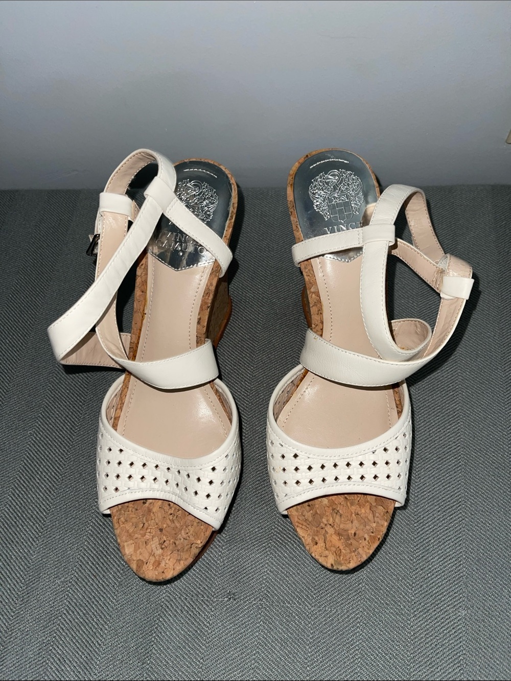 Vince Camuto Women's off white and tan Cork Wedge platform Sandals. //cod #H-5